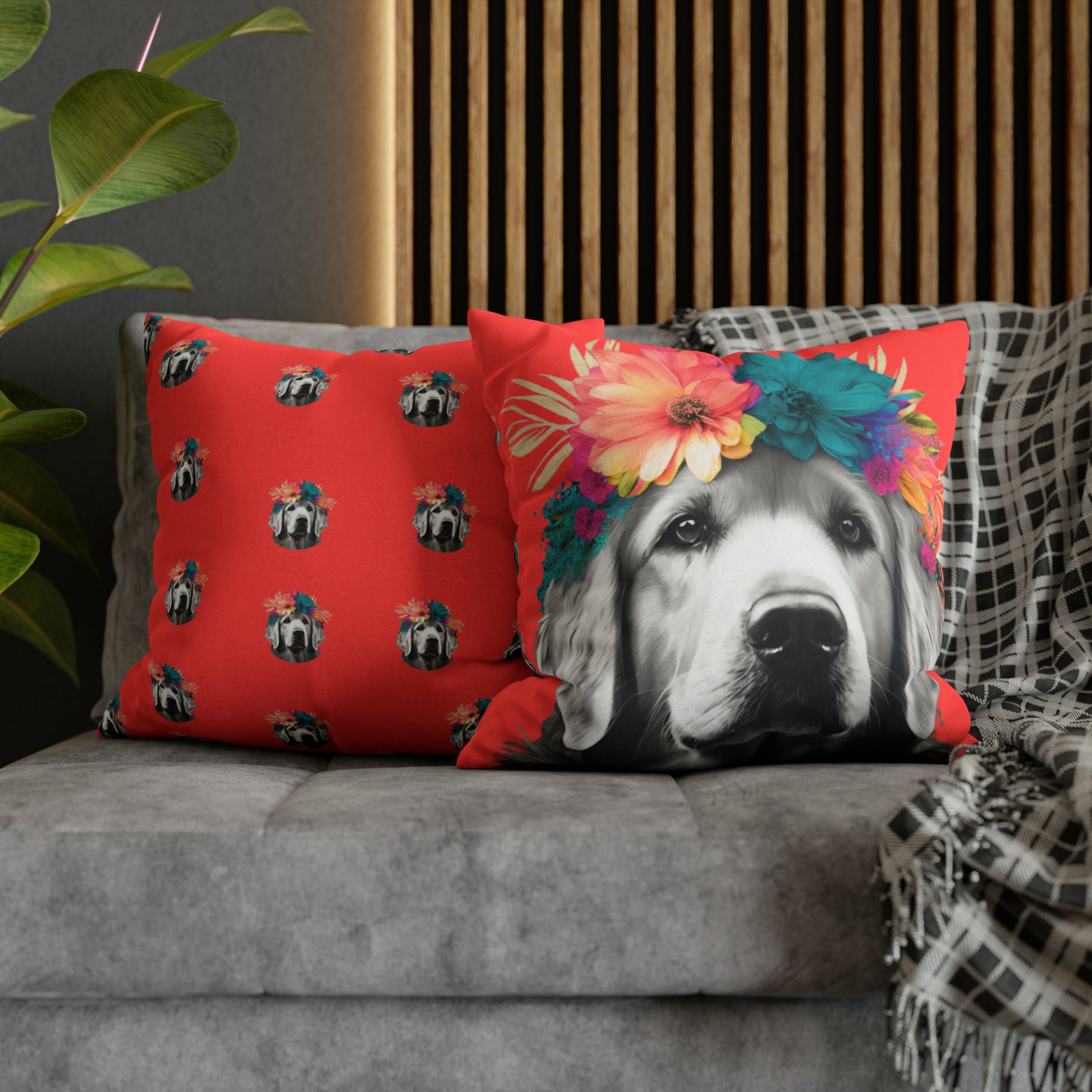 A Coral Bliss pillowcase featuring a tropical Golden Retriever design, perfect for adding a touch of paradise to your home decor.