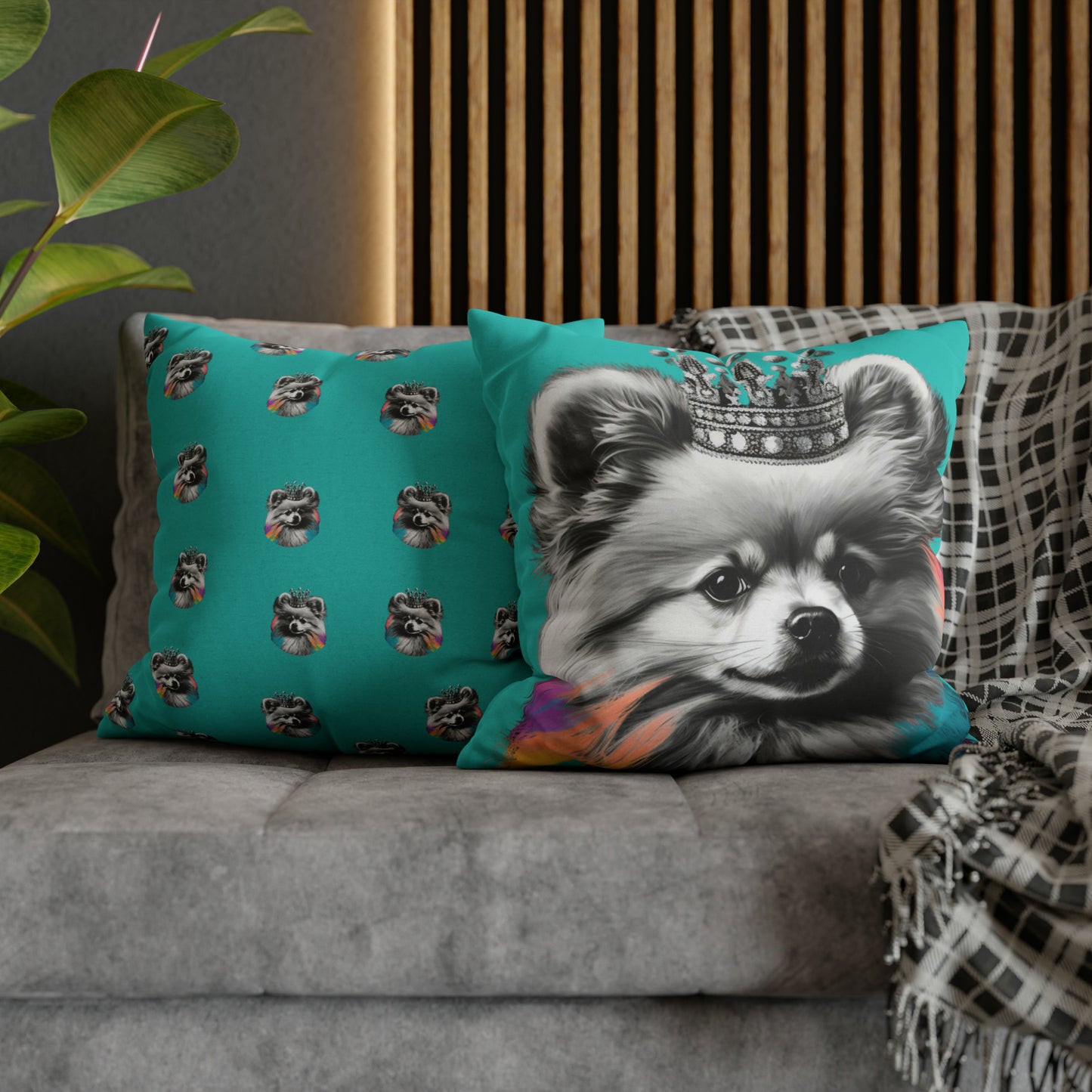 A Black and White Pomeranian with colorful accents on a blue cushion cover, adding a playful touch to your home decor.