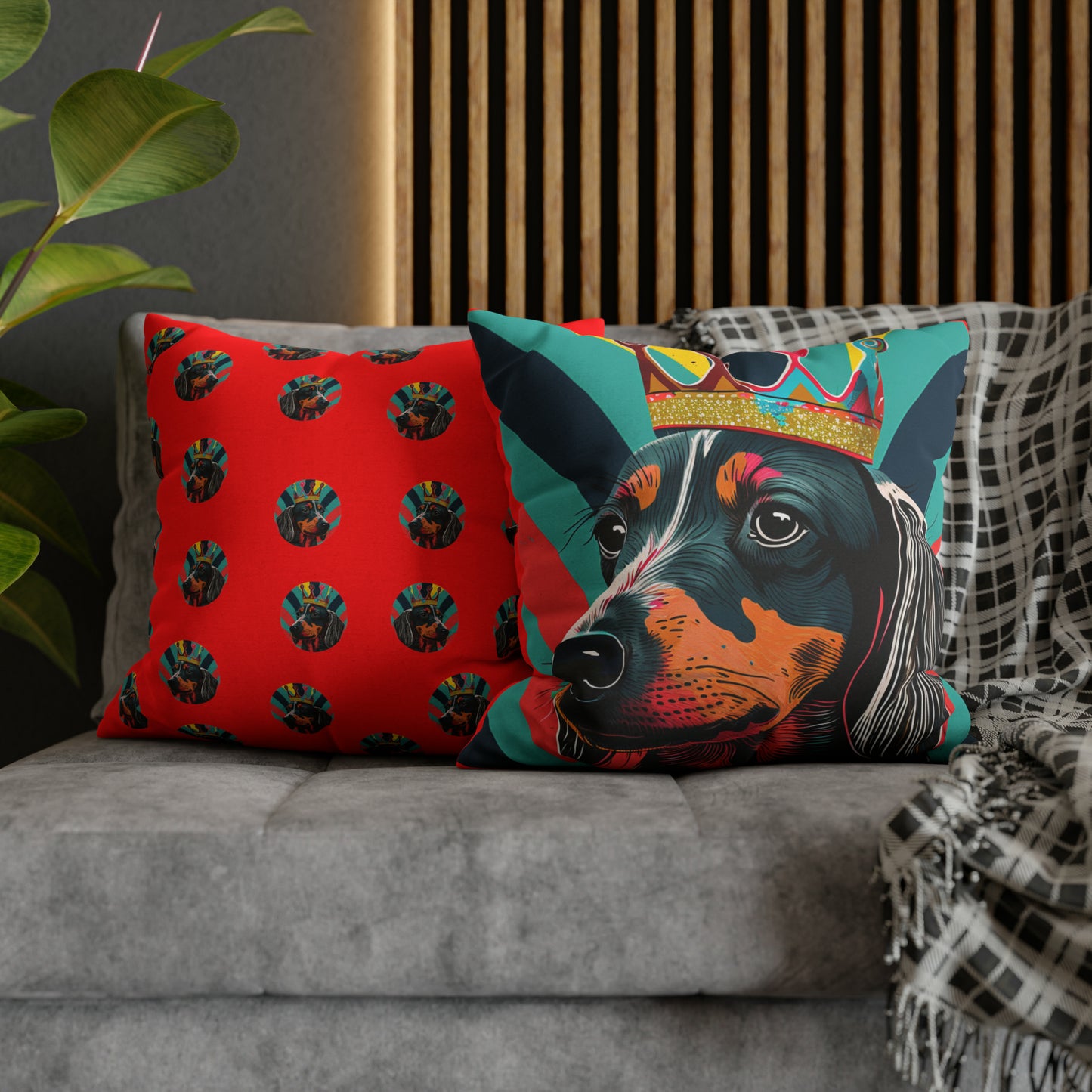 Pop Art Crowned Dachshund on Stripes cushion cover - A vibrant and artistic home decor accent featuring a colorful dachshund wearing a crown against a detailed striped background.