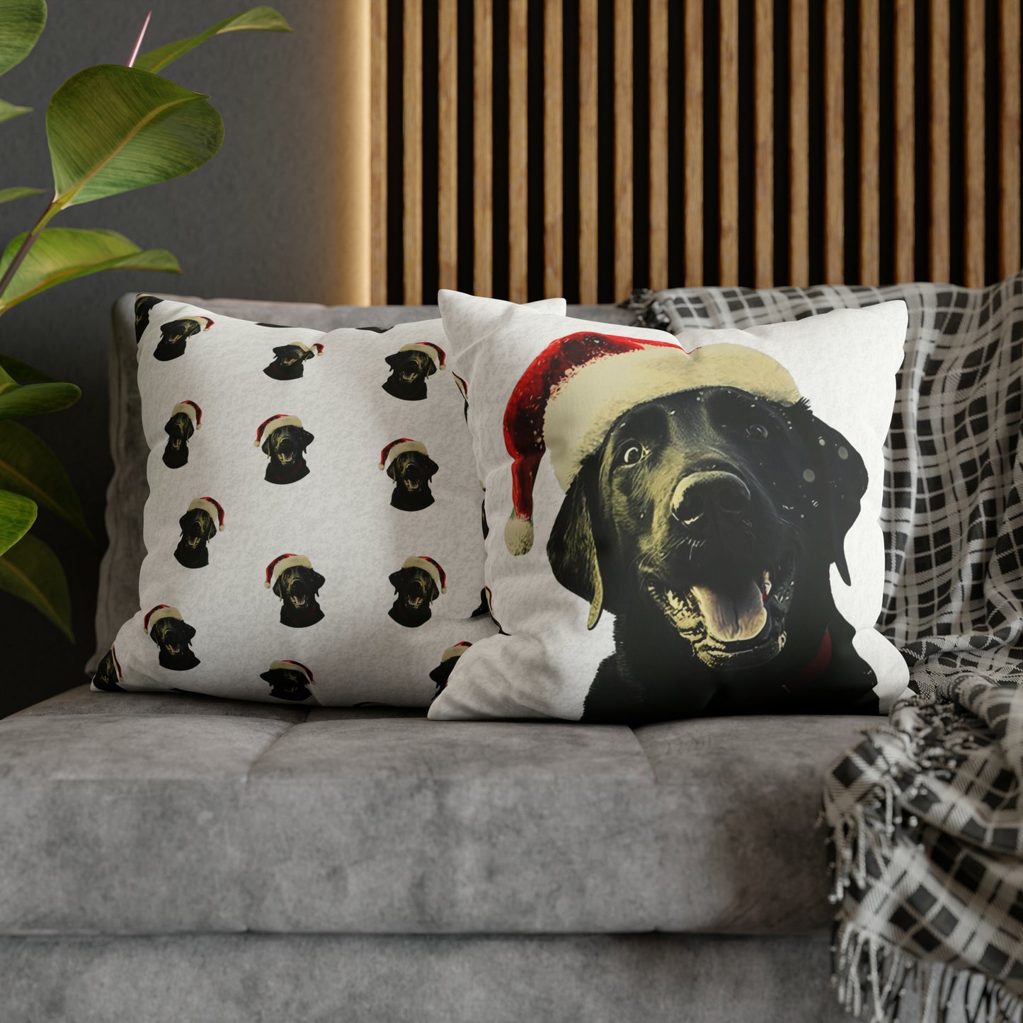 Happy Black Lab Christmas Cushion Cover in White - Festive Holiday Home Decor