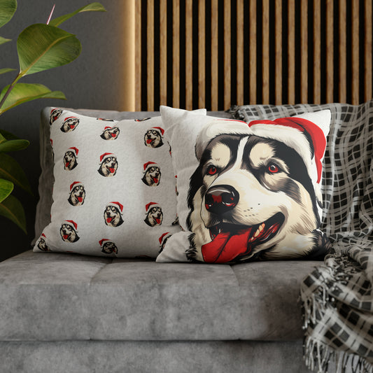 A luxurious white faux suede Christmas cushion cover, featuring a beautifully detailed illustration of a majestic husky in a winter wonderland setting. The husky is depicted with a captivating gaze amidst a snowy landscape, with subtle festive decorations adding to the holiday charm. The cover exudes elegance and is perfect for enhancing holiday home decor.