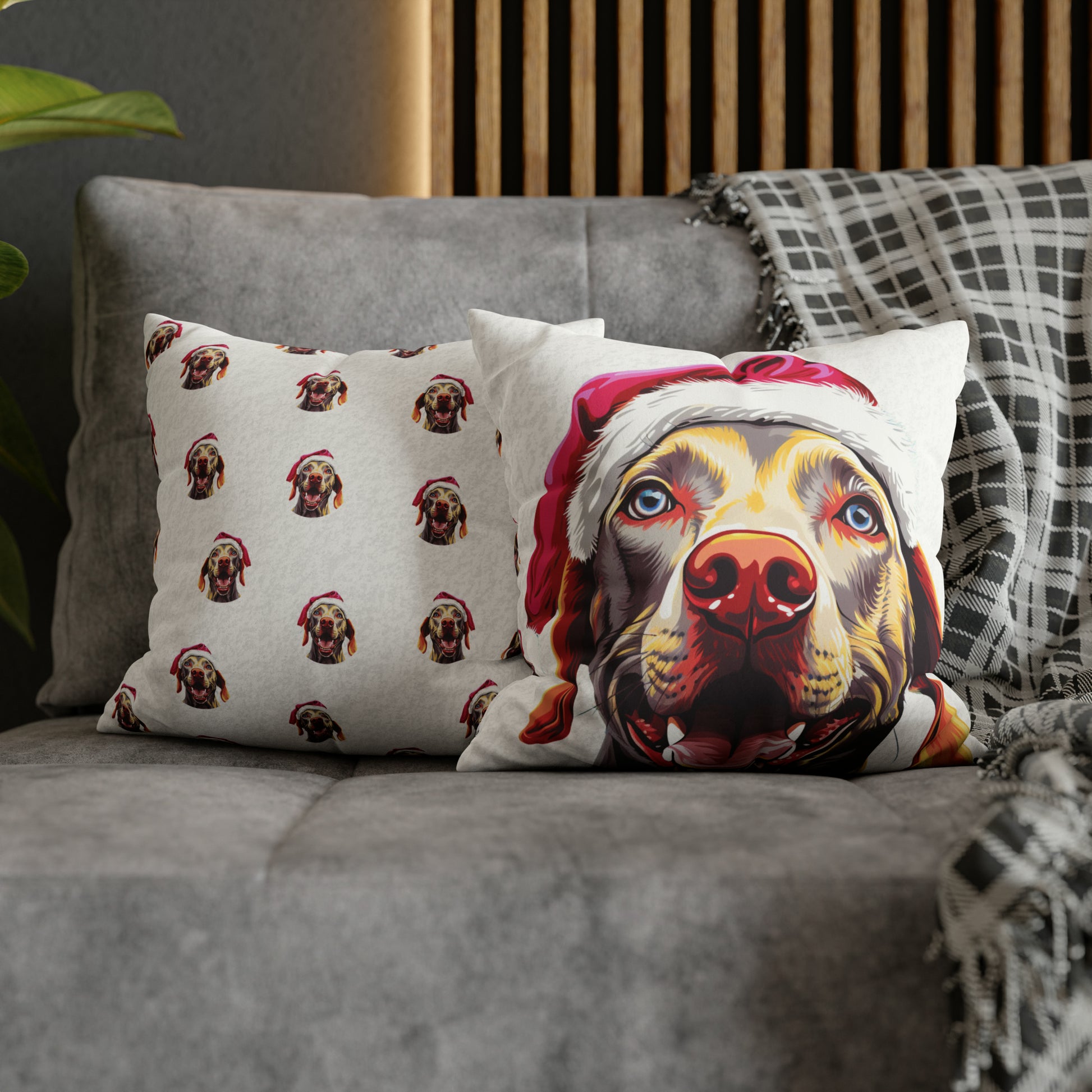 A sophisticated white cushion cover featuring a detailed illustration of a graceful Weimaraner set in a picturesque winter wonderland scene. The cover, designed for the festive season, elegantly blends the dog's silhouette with a backdrop of snowy landscapes and subtle Christmas motifs, creating a serene and stylish holiday decor piece.