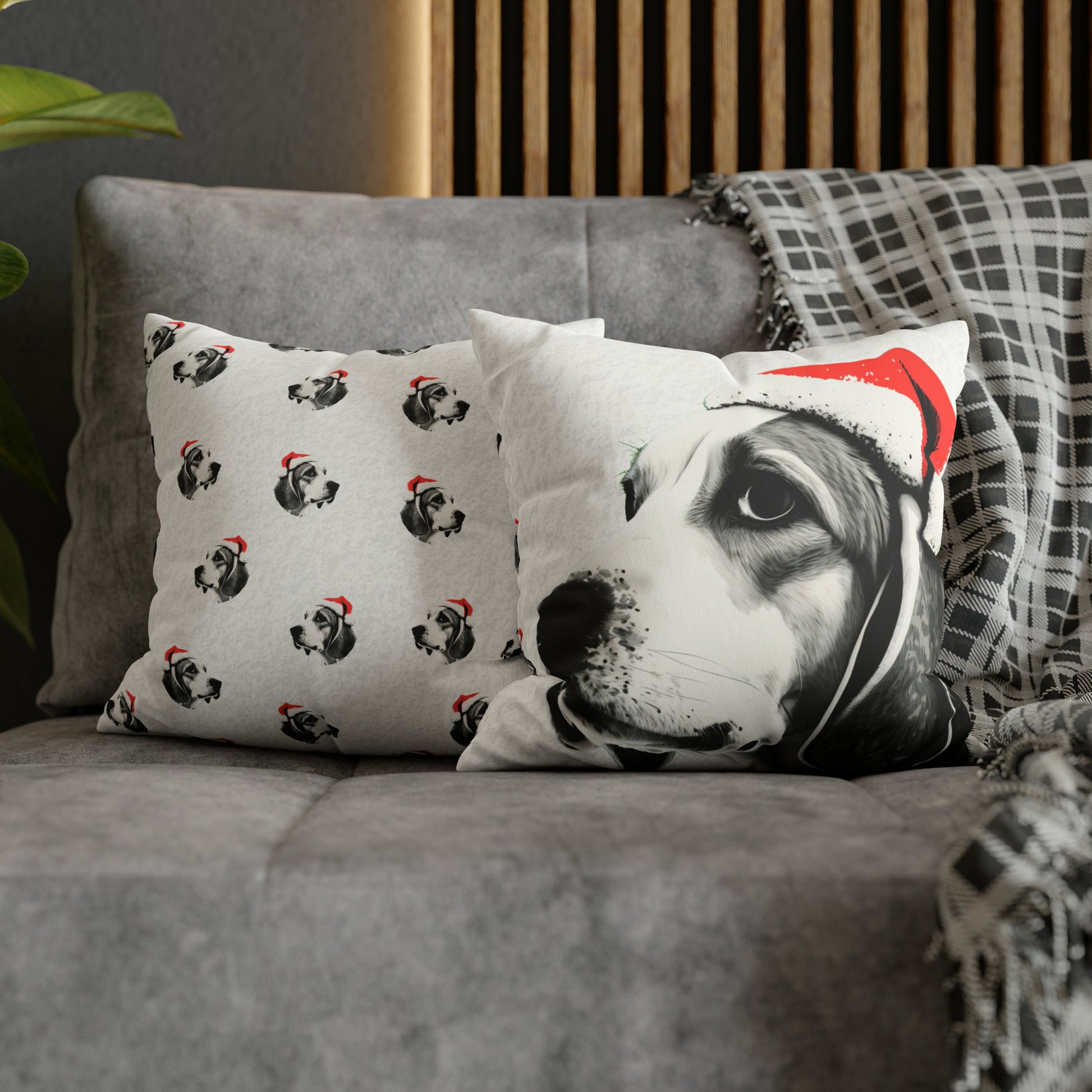 A cozy and festive white faux suede cushion cover featuring a charming Beagle in a Christmas setting. The cover is adorned with a joyful Beagle illustration surrounded by holiday motifs, capturing the essence of Christmas spirit and the playful nature of the beloved dog breed