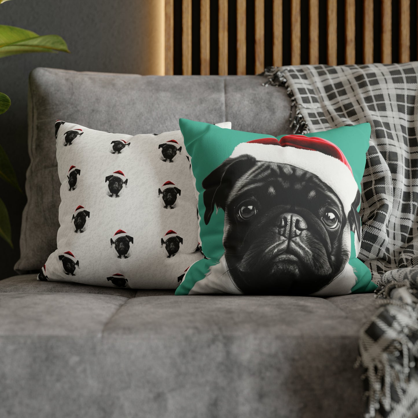 Adorable Pug Christmas Cushion Cover in Soft Faux Suede, featuring a festive pug design on a luxurious cushion, perfect for holiday decor.