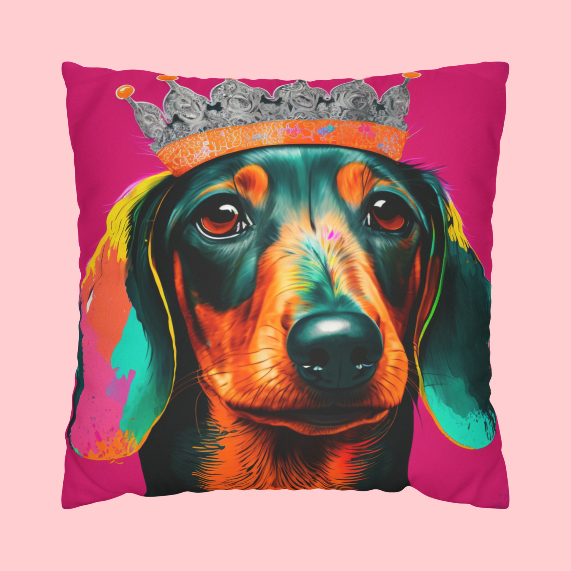 Vibrant Pop Art Crowned Dachshund - Faux Suede Wall Art: A playful and colorful Dachshund adorned with a crown, perfect for adding a touch of whimsy to your home decor.