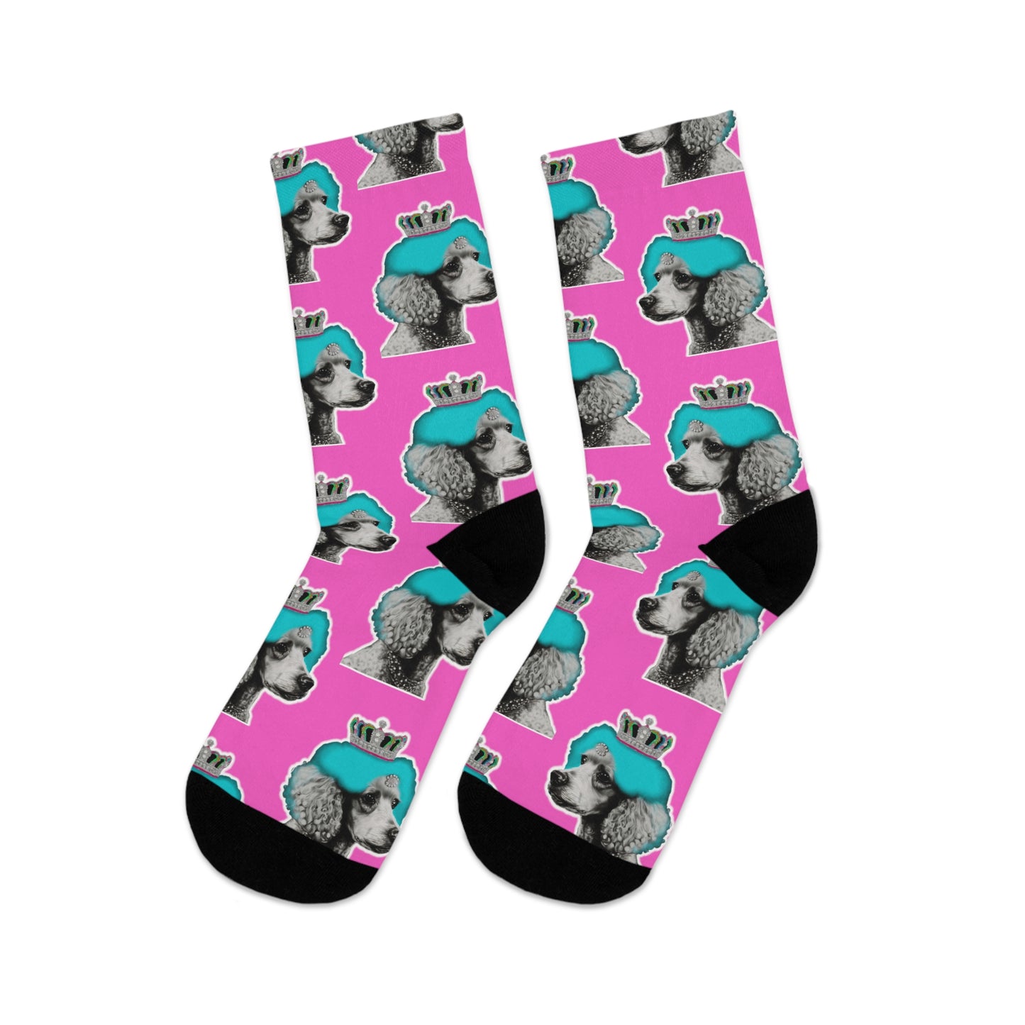 Pair of fashionable socks featuring a pop art design of poodles against a pink background, embodying a chic and playful canine fashion statement.