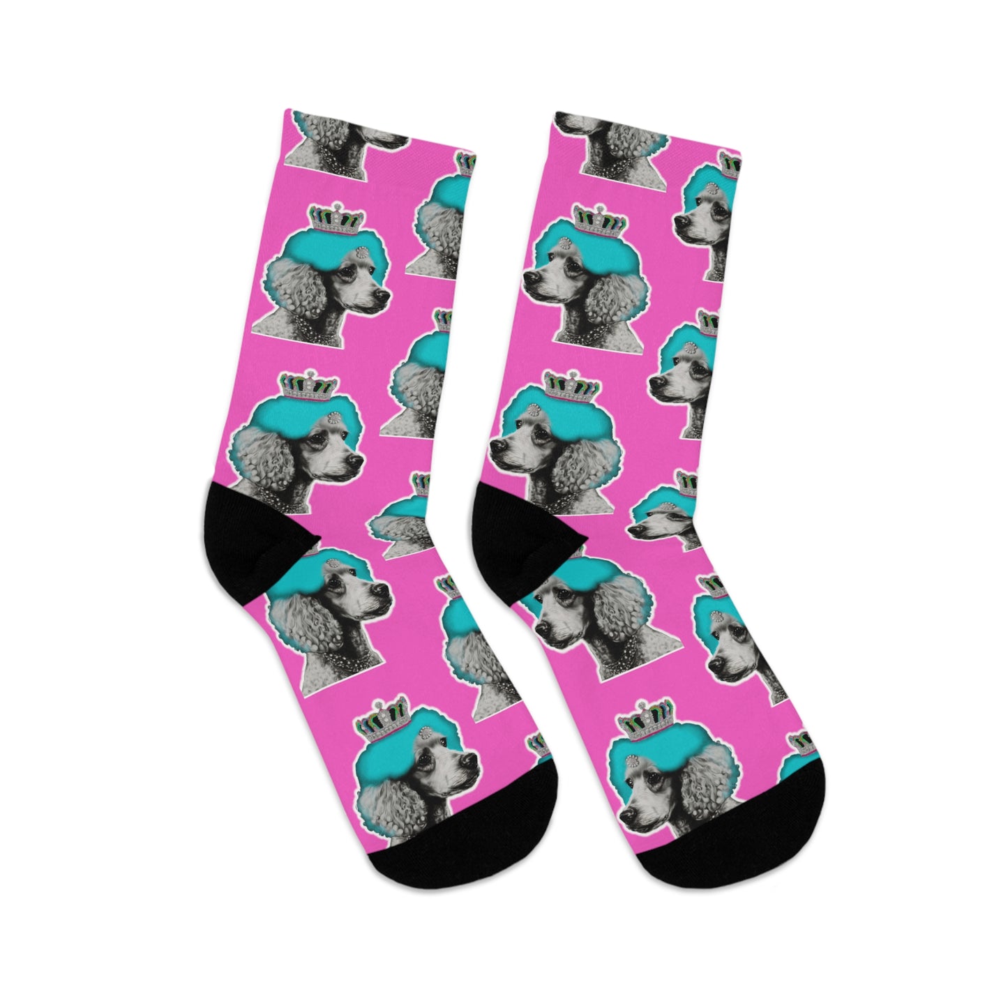 Pair of fashionable socks featuring a pop art design of poodles against a pink background, embodying a chic and playful canine fashion statement.