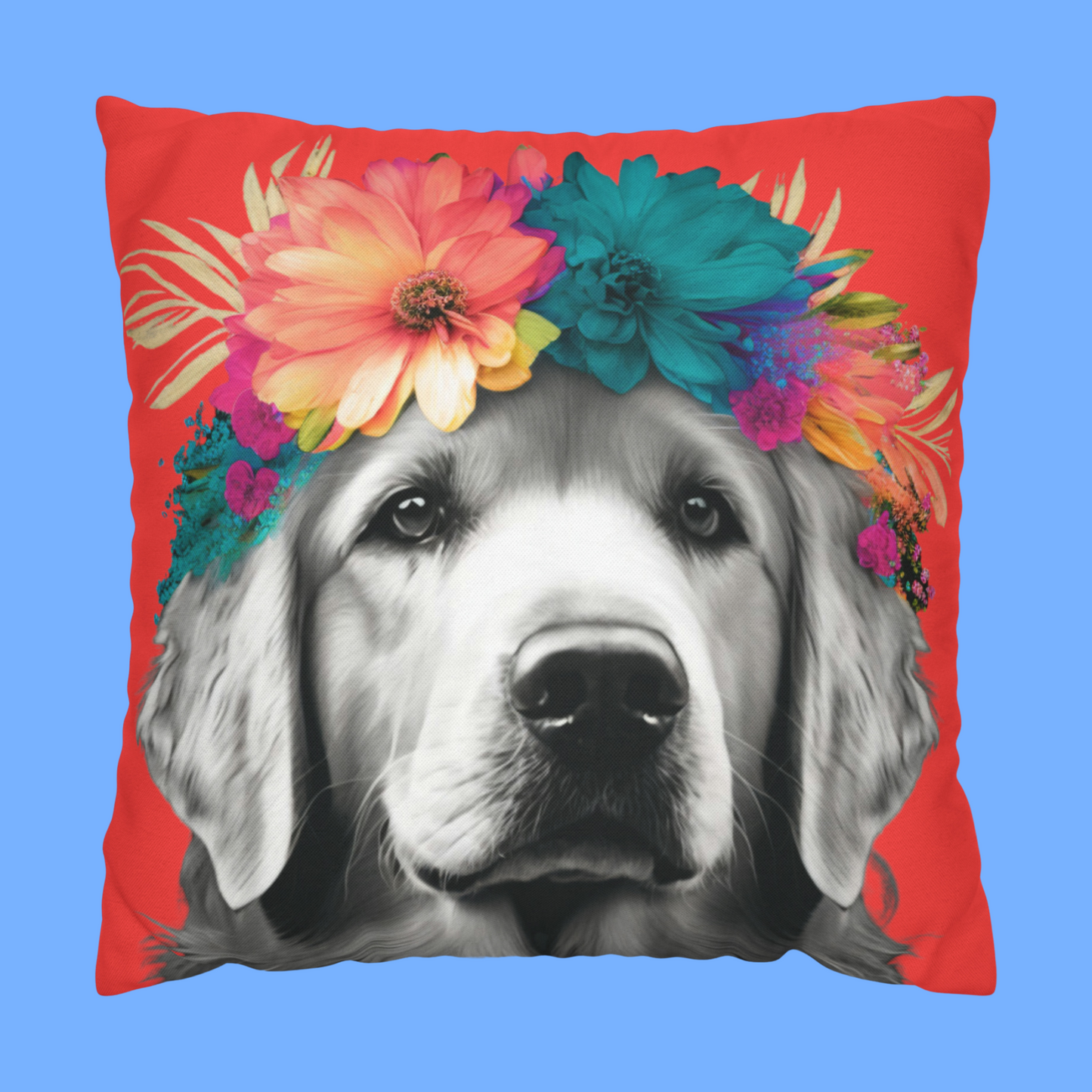 A Coral Bliss pillowcase featuring a tropical Golden Retriever design, perfect for adding a touch of paradise to your home decor.