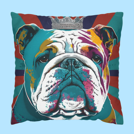 PopArt British Bulldog Cushion on Navy Blue - A vibrant and playful bulldog-themed cushion cover for dog lovers and art enthusiasts, perfect for adding artistic flair to your home decor.