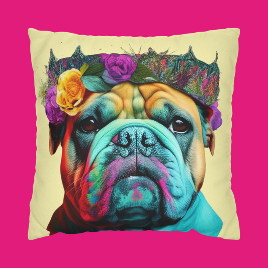 A British Bulldog cushion cover with a colorful design