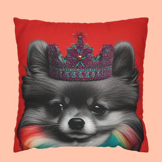 A Black and White Pomeranian with a crown design on a red cushion cover, combining elegance and charm in your home decor