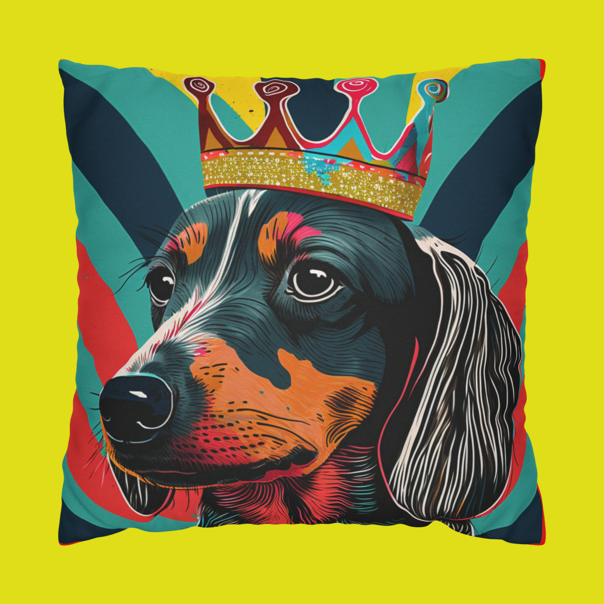 Pop Art Crowned Dachshund on Stripes cushion cover - A vibrant and artistic home decor accent featuring a colorful dachshund wearing a crown against a detailed striped background.