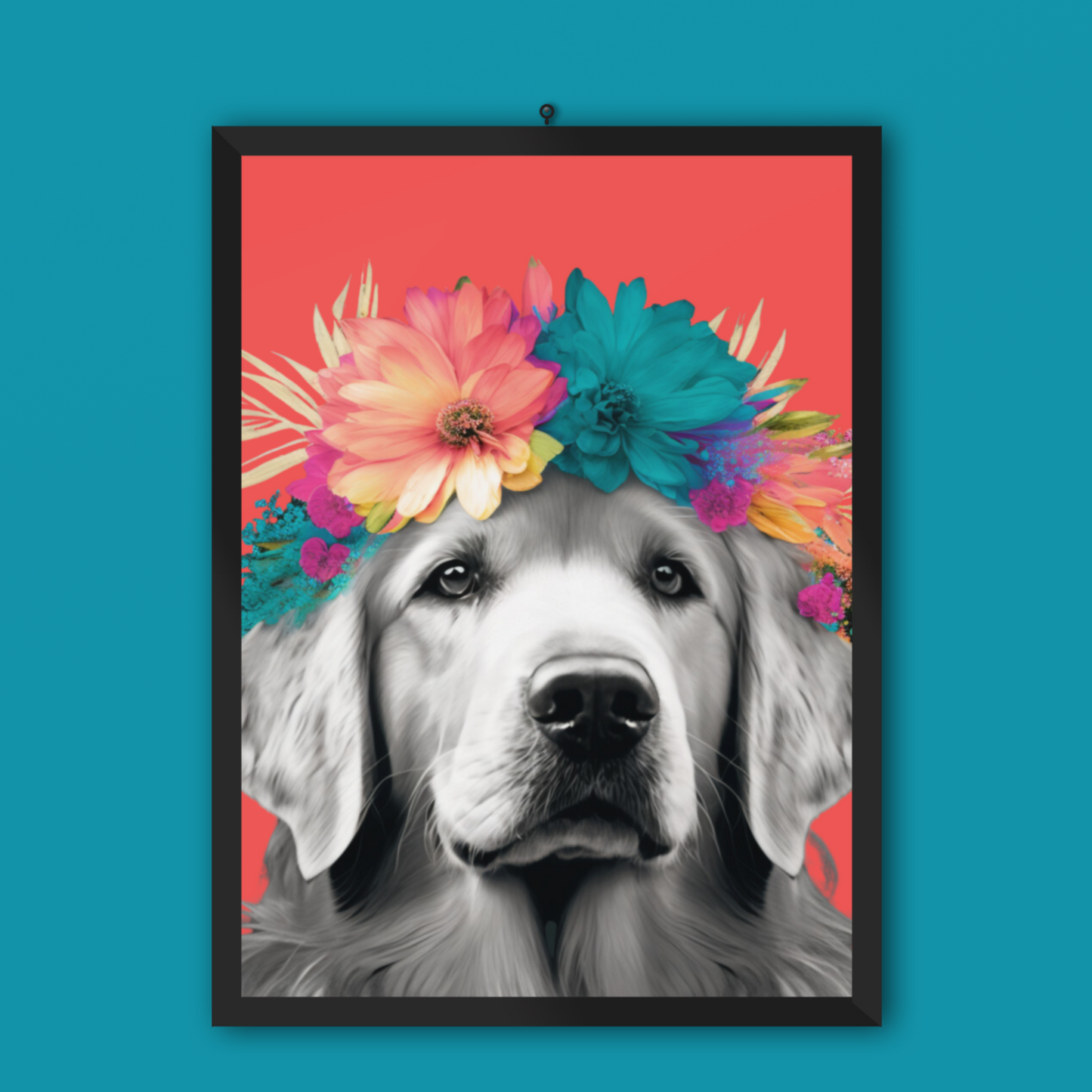 A Golden Retriever lounging amidst tropical flora on a calming coral background, embodying a serene tropical getaway in poster form.