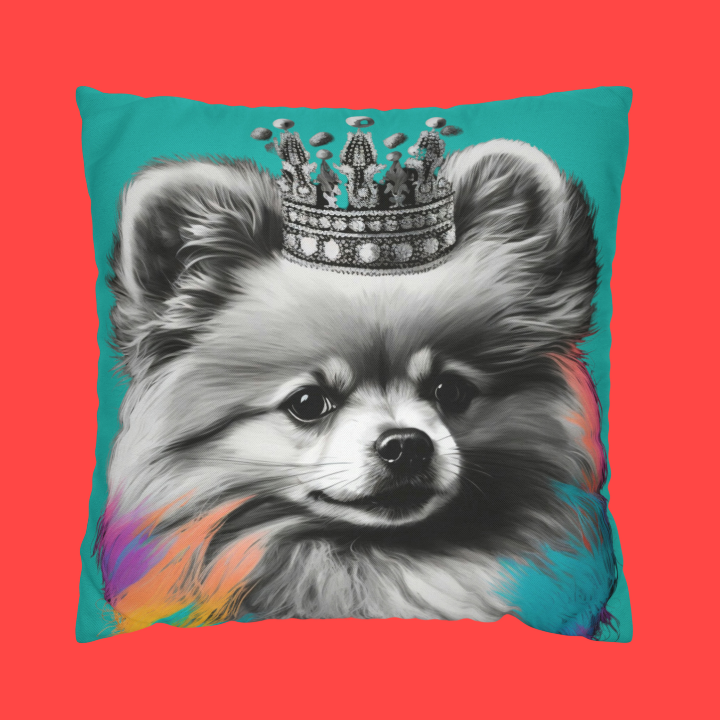 A Black and White Pomeranian with colorful accents on a blue cushion cover, adding a playful touch to your home decor.