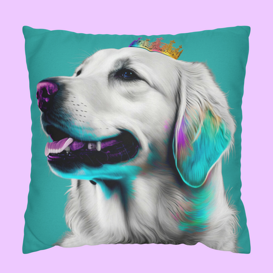 A regal Golden Retriever PopArt cushion cover with a bold and vibrant design, perfect for adding artistic flair to your home decor.