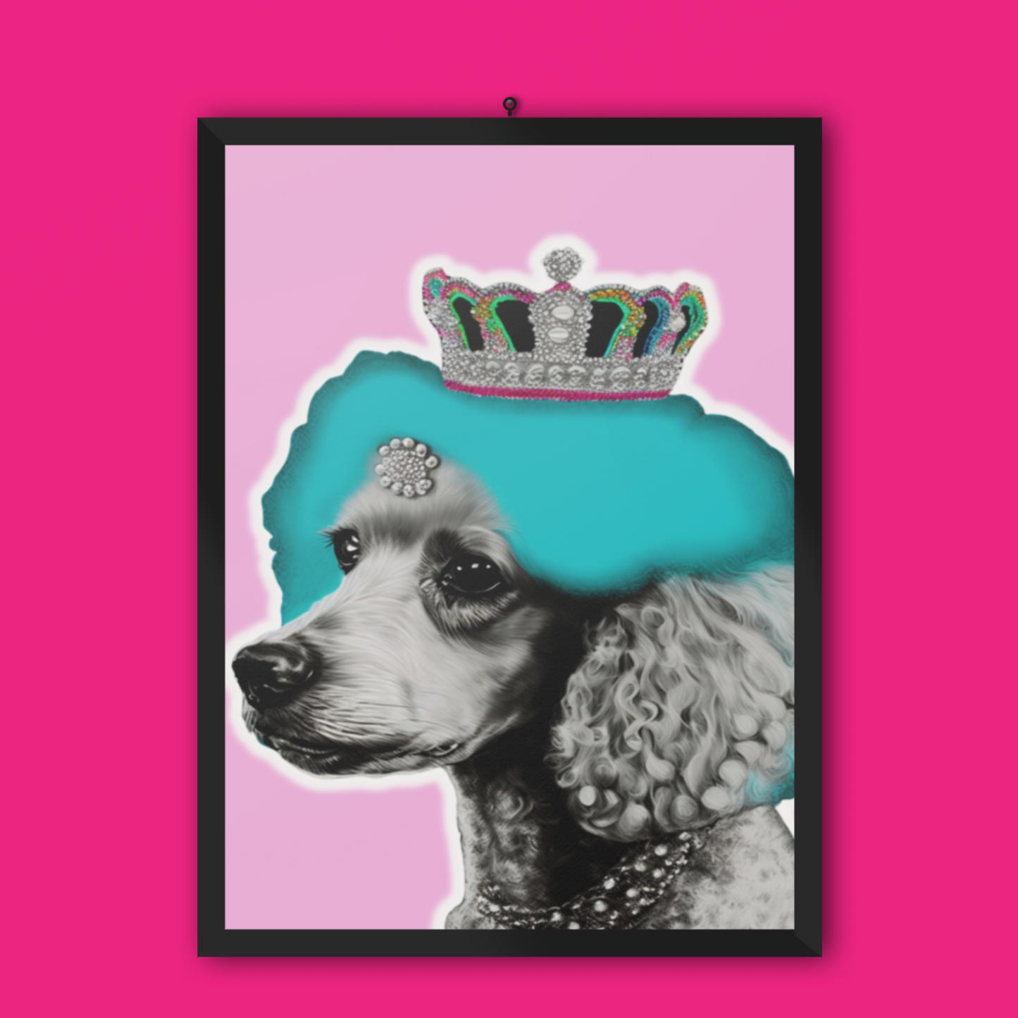 The 'Crowned Poodle on Pink Poster' features an elegant and whimsical illustration of a poodle with a crown, set against a soft pink background. This chic and stylish wall art adds sophistication and a playful touch to any room decor.