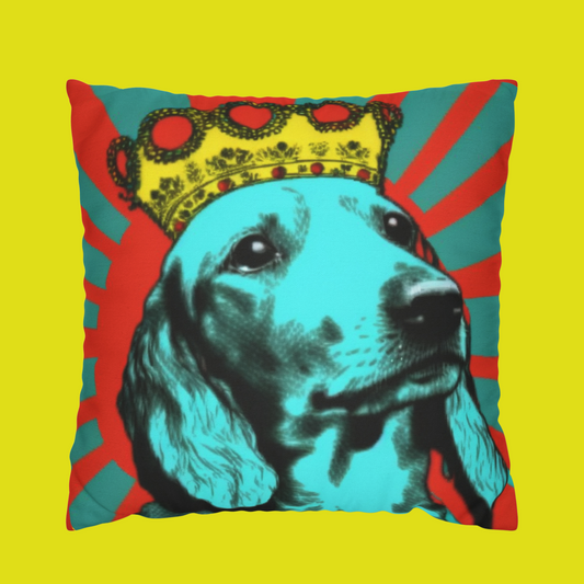 A vibrant PopArt Dachshund cushion cover with a red stripe background, showcasing a colorful Dachshund dog design