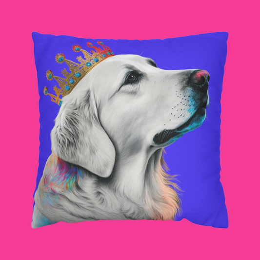 A regal Golden Retriever cushion cover featuring a colorful crown design, adding royal charm to your home decor.